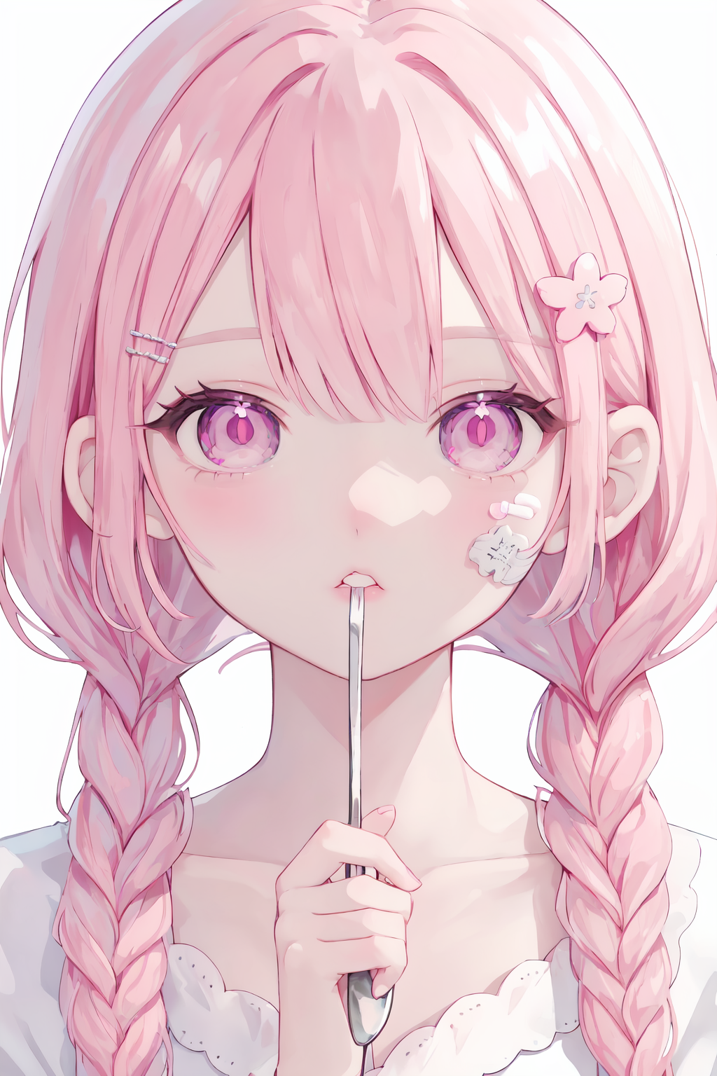 06586-1214217720-1girl, solo, pink hair, hair ornament, braid, food, looking at viewer, pink eyes, holding, portrait, twin braids, flower, pink t.png